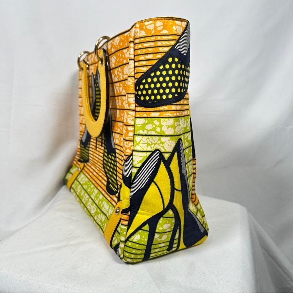 Halo & Way Ankara Wax Print Leather Tote Yellow Green Heels Bag Boho Retro Y2K - Picture 7 of 12
